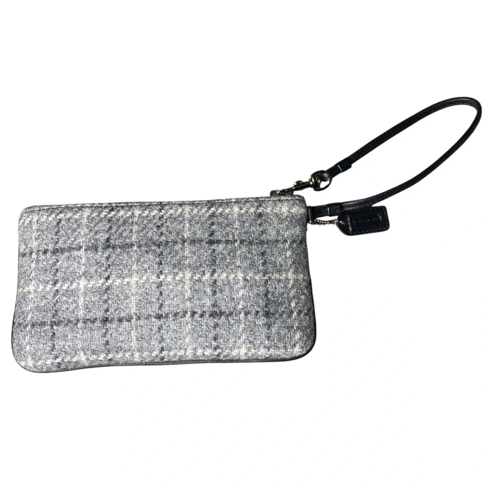 Vintage Coach Bag Wallet Wristlet Wool Leather Gray Herringbone